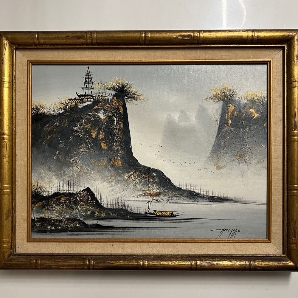 Vintage Chen Mao Original Horsehair Oil Painting 12x16 Gold Bamboo Frame